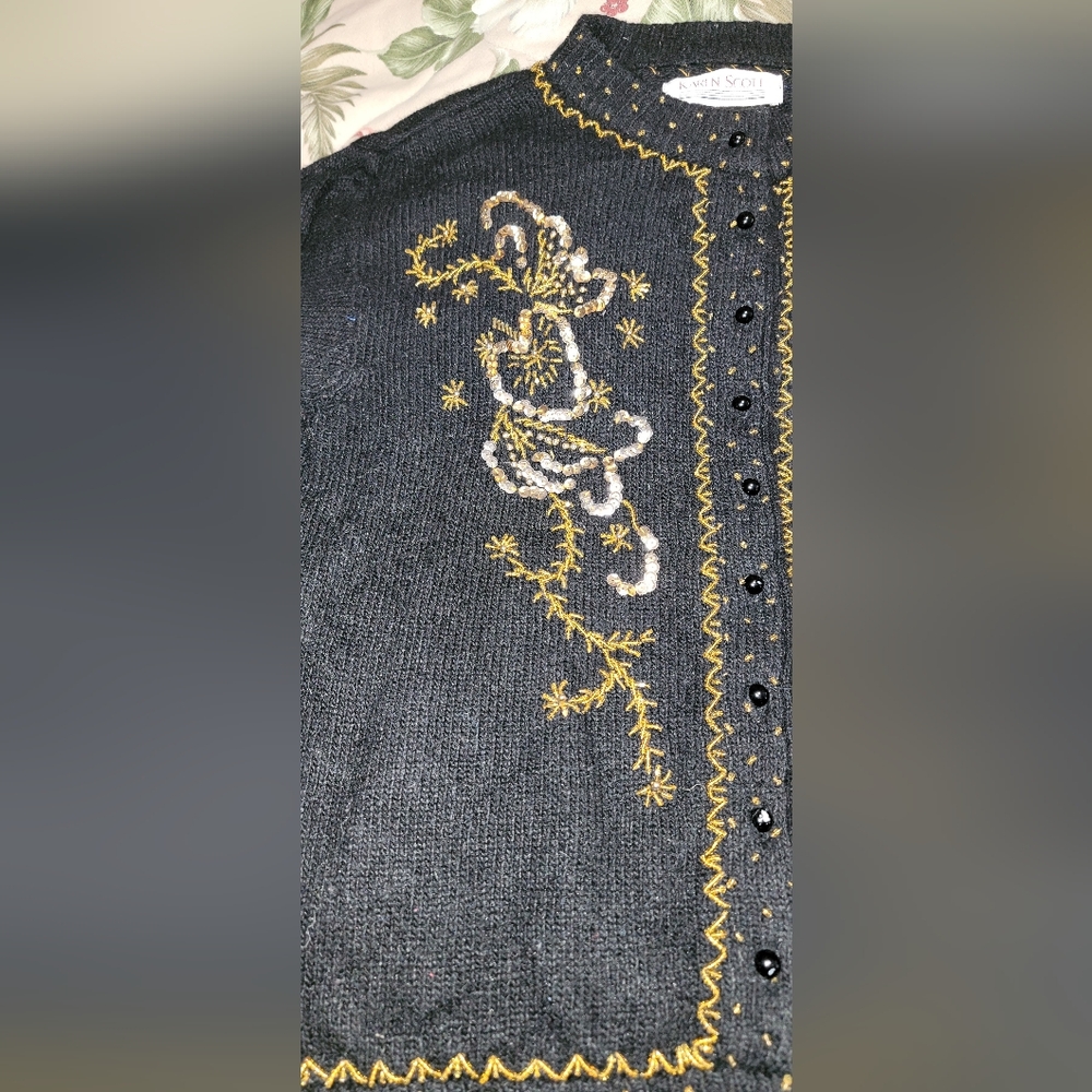 #017 Karen Scott- Black Sequined Front Button-up Sweater Cardigan- Sz. XL - Picture 14 of 14